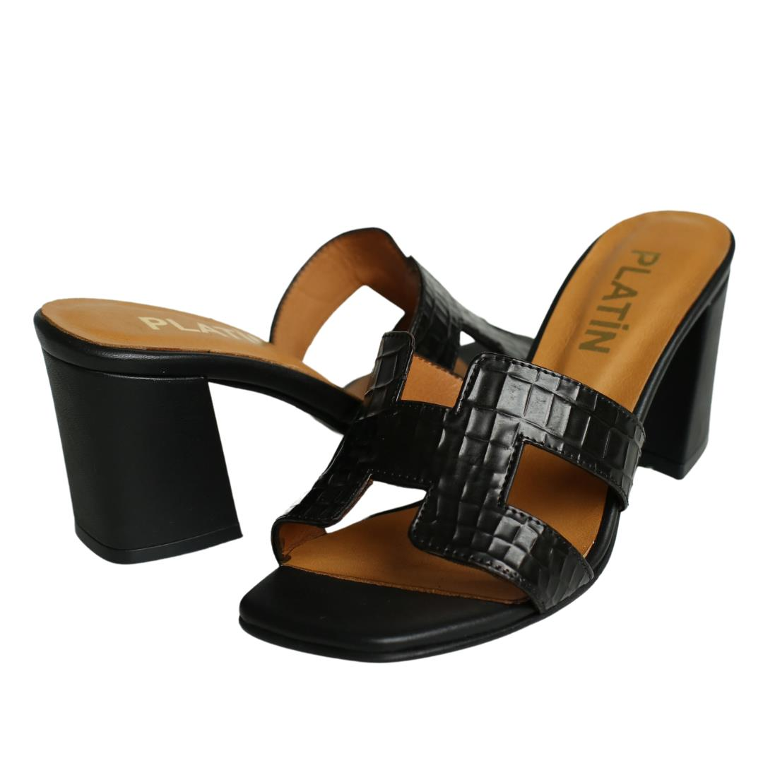 Siyah Deri Pyton Baskı Kadın Topuklu Terlik