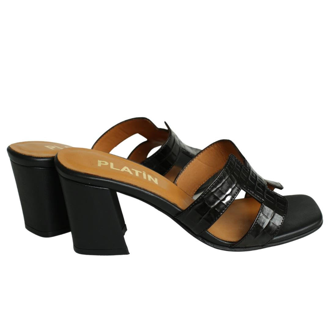 Siyah Deri Pyton Baskı Kadın Topuklu Terlik