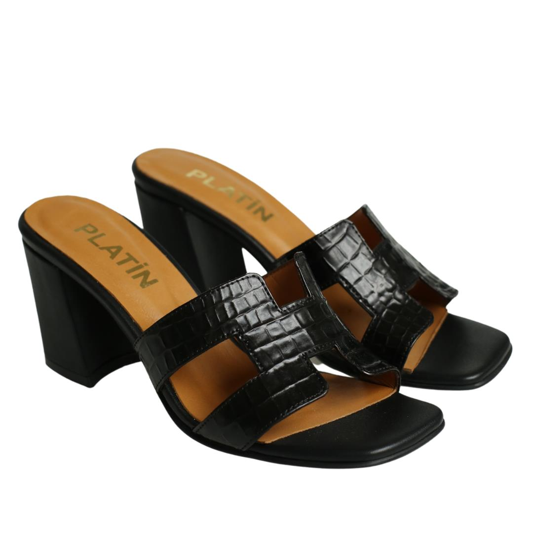 Siyah Deri Pyton Baskı Kadın Topuklu Terlik