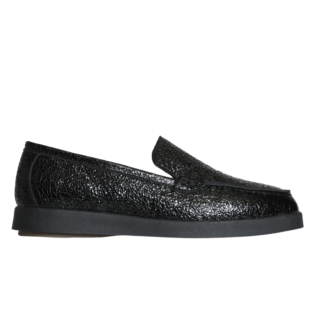 Siyah Kırışık Rugan Kadın Loafer