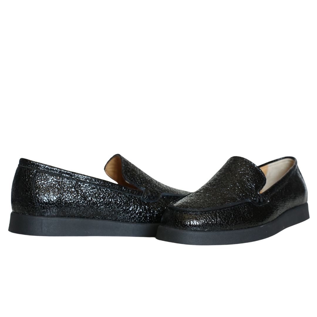 Siyah Kırışık Rugan Kadın Loafer