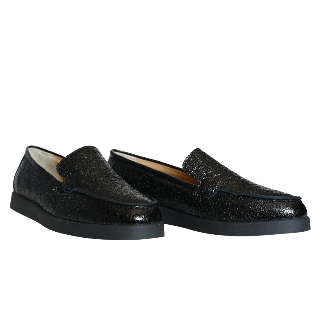 Siyah Kırışık Rugan Kadın Loafer