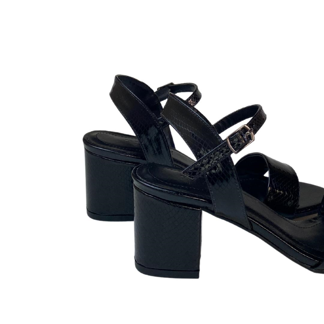 Siyah Python Baskı Bilekten Bantlı Kadın Topuklu Ayakkabı