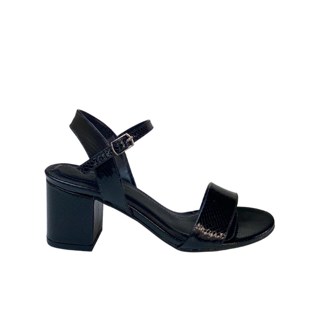 Siyah Python Baskı Bilekten Bantlı Kadın Topuklu Ayakkabı
