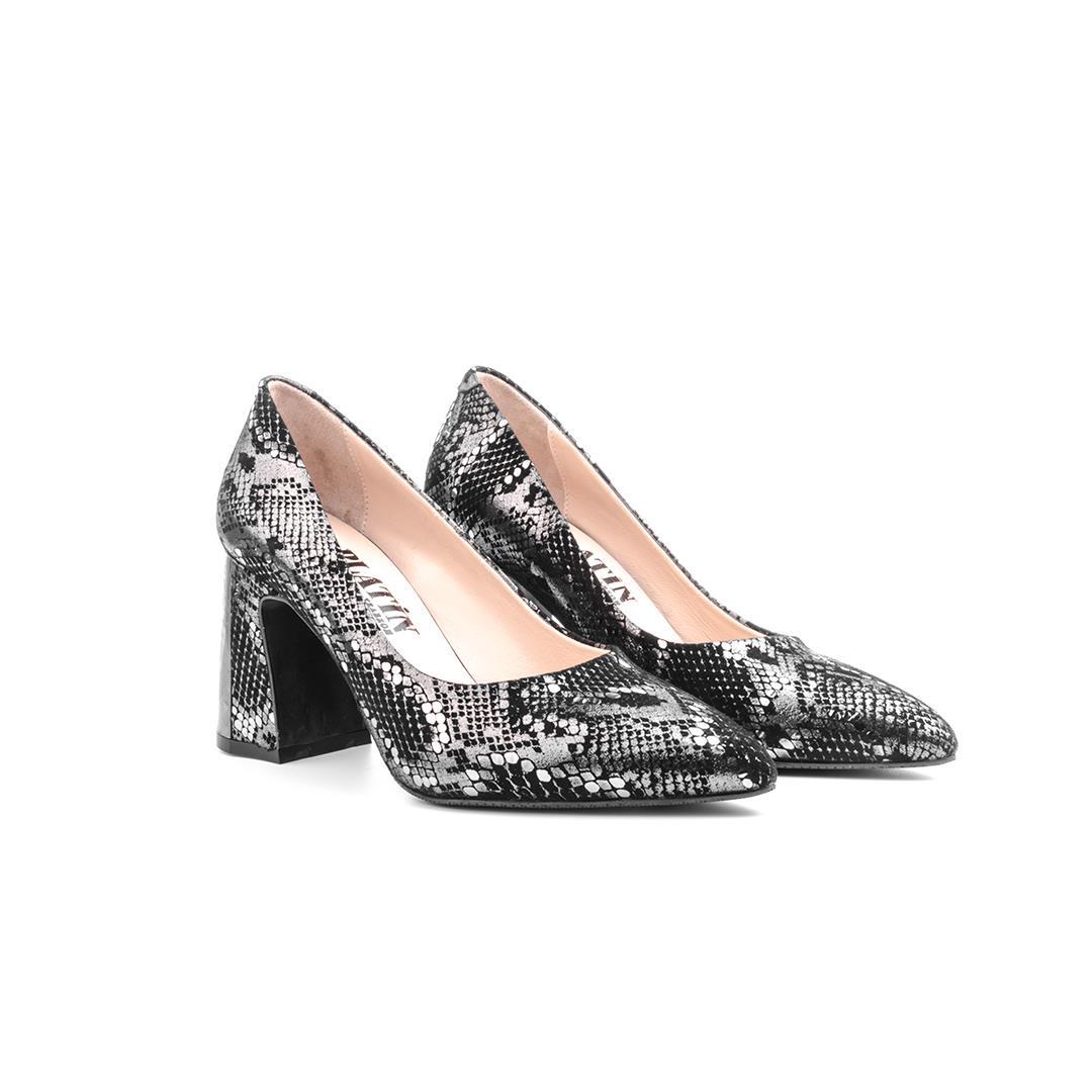 Siyah Python Baskı Kalın Topuk Kadın Stiletto Ayakkabı