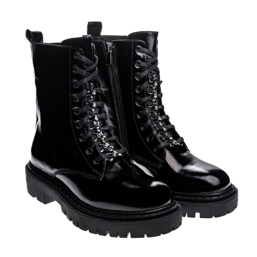 Siyah Rugan Kadın Taş Detaylı Postal Bot