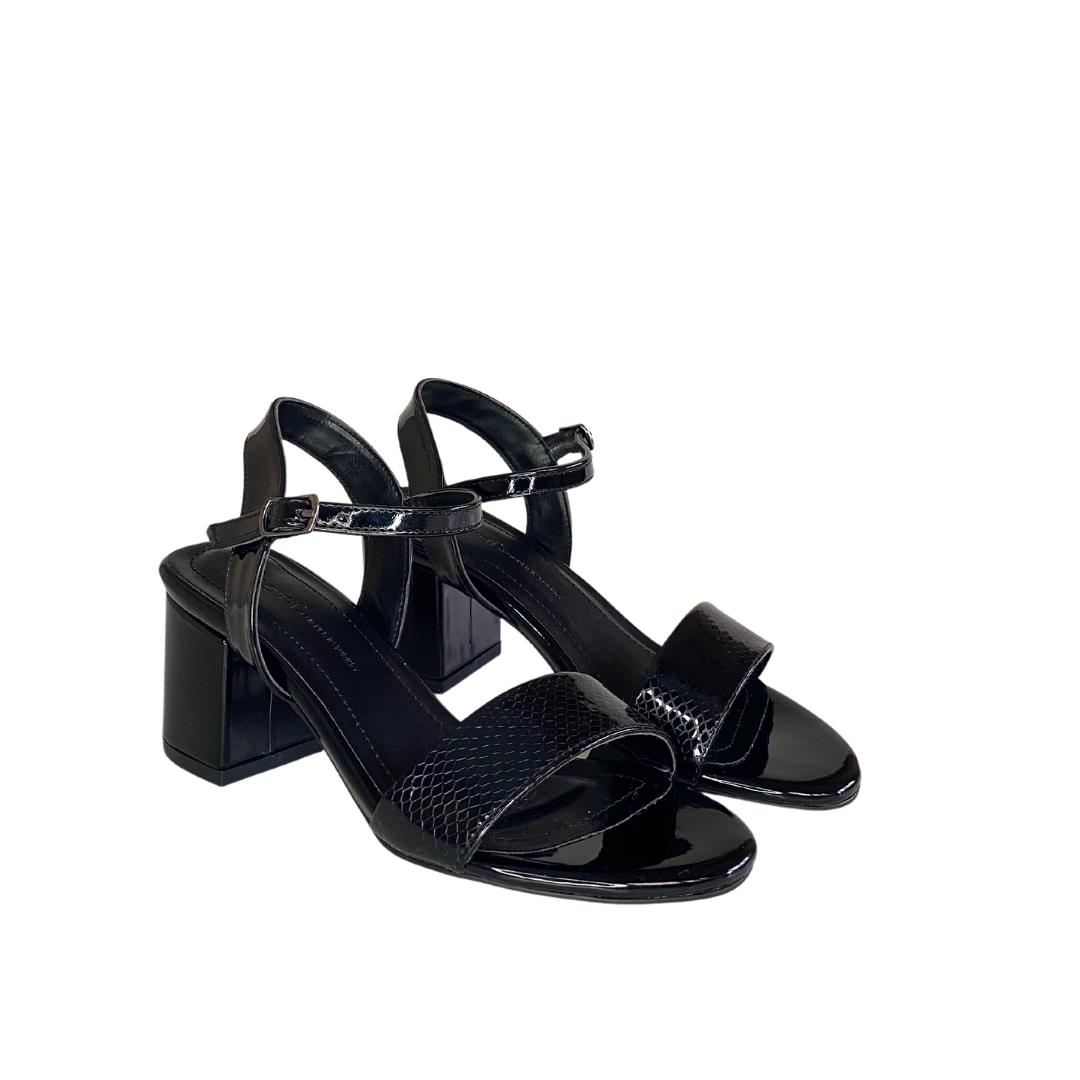 Siyah Rugan Python Baskı  Bilekten Bantlı Kadın Topuklu Ayakkabı