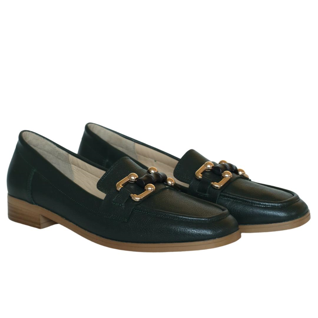 Yeşil Deri Tokalı Kadın Loafer