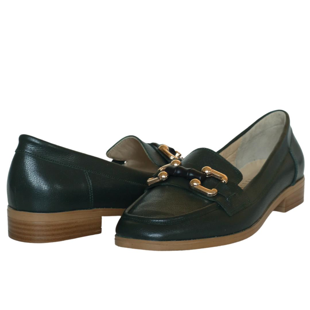 Yeşil Deri Tokalı Kadın Loafer