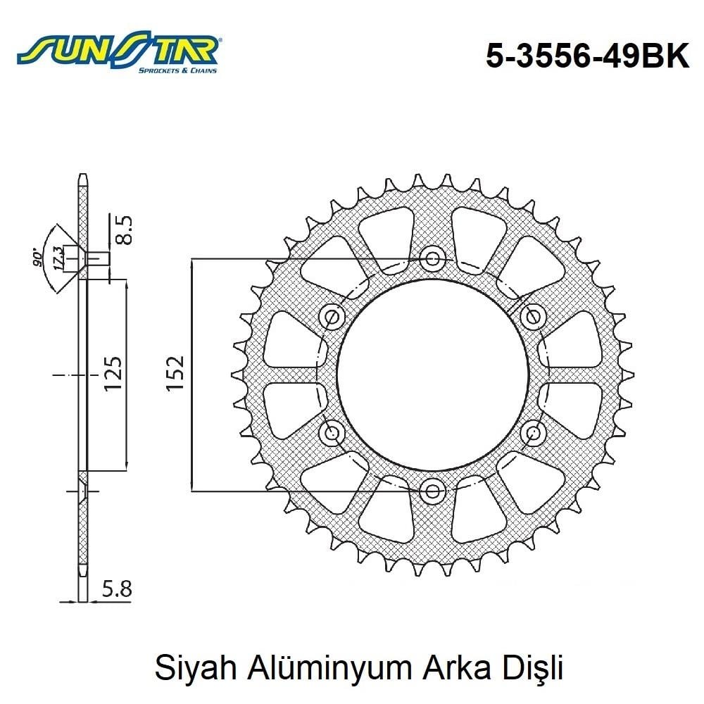 ARKA DİŞLİ SİYAH ALÜMİNYUM / BETA / RR 2T ENDURO / RACING / 250cc / (DİŞLİ SAYISI : ORİJİNAL-3) / 2008-2009-2010-2011-2012