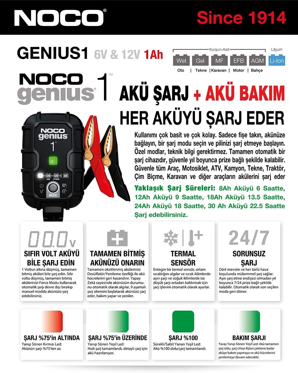 NOCO 6V/12V TEKLİ 1 AMPER AKÜ ŞARJ CİHAZI