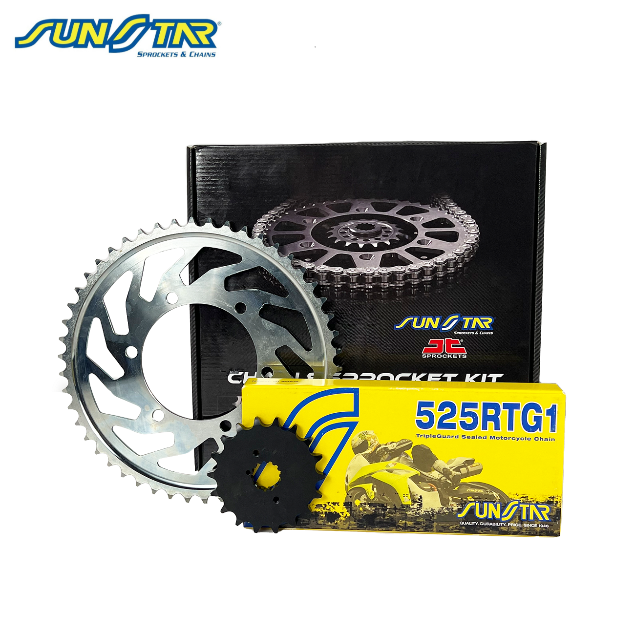 ZİNCİR DİŞLİ SETİ TRIUMPH THRUXTON (865 cc)  (2007-2015) / ZİNCİR : SUNSTAR 525RTG1 (Gold)-104 / DİŞLİ: SUNSTAR (18T) - JT (43T)