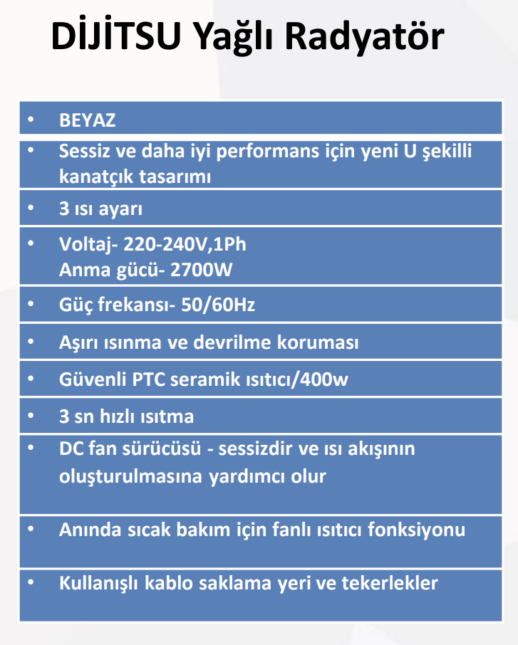 DİJİTSU DYR 15 11 DİLİM FANLI Yağlı Radyatör