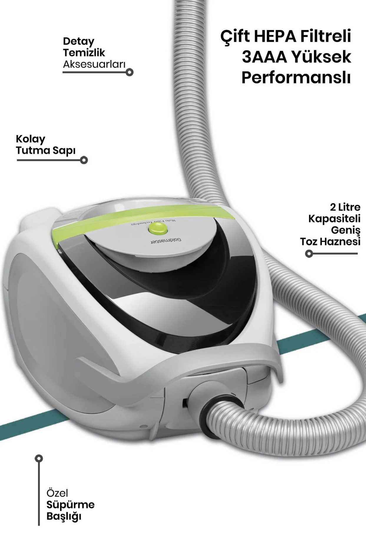 Goldmaster Süper Güç Çift Hepa Filtreli 2.5 Lt Geniş Hazneli Toz Torbasız 5 Yıl Garantili Elektrikli Süpürge