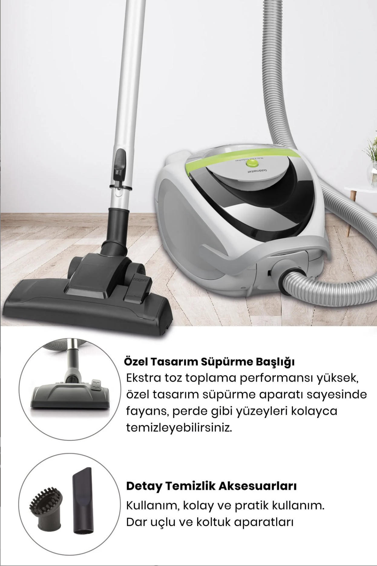 Goldmaster Süper Güç Çift Hepa Filtreli 2.5 Lt Geniş Hazneli Toz Torbasız 5 Yıl Garantili Elektrikli Süpürge