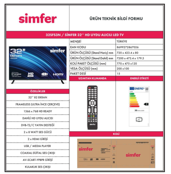 Simfer 32SFS3N 82 Ekran 32