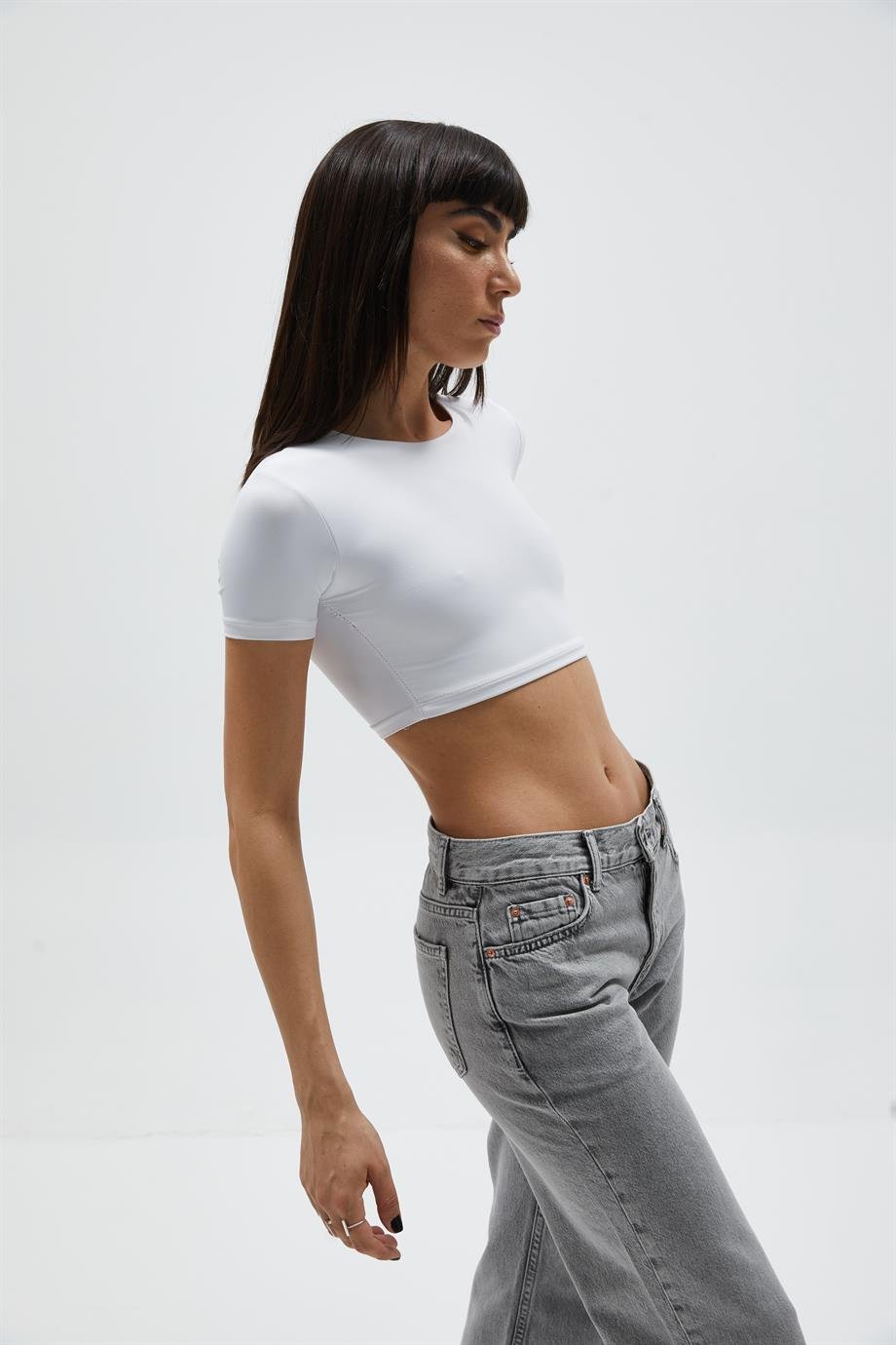 Beyaz Bisiklet Yaka Basic Top