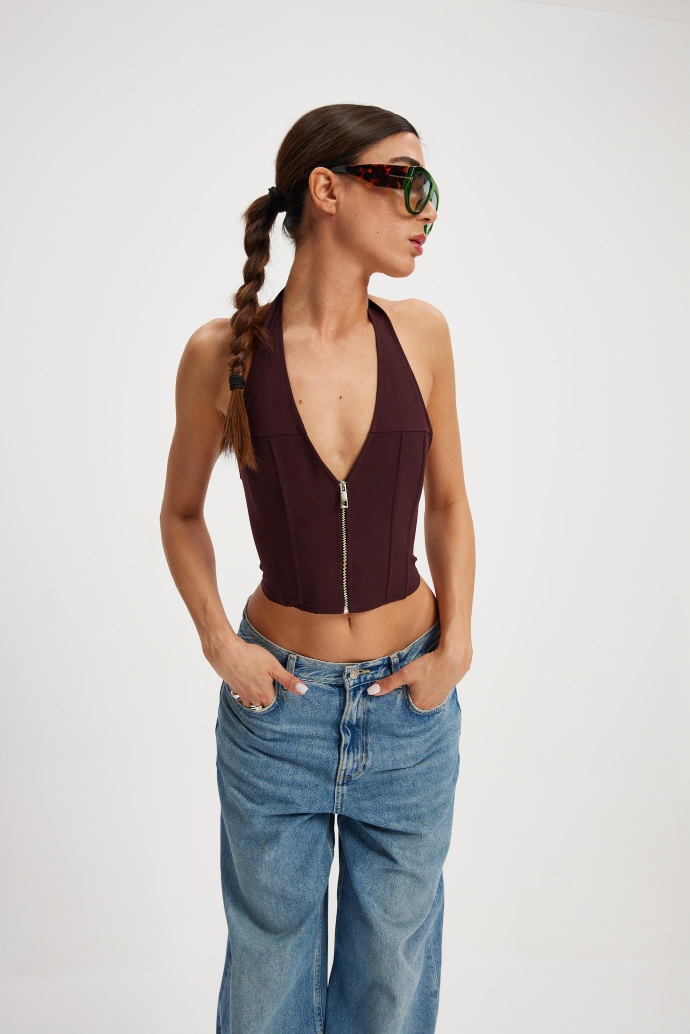 Bordo Fermualı Korse Bluz