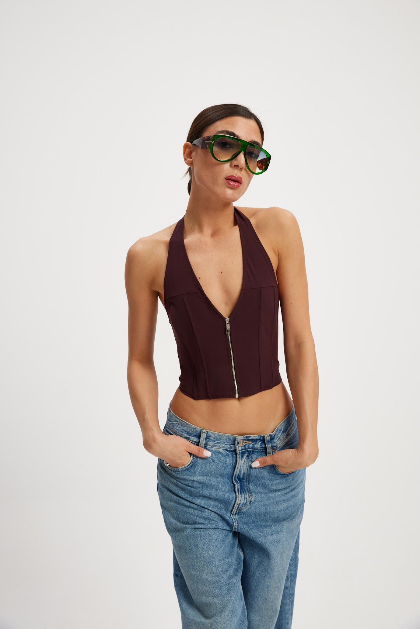 Bordo Fermualı Korse Bluz