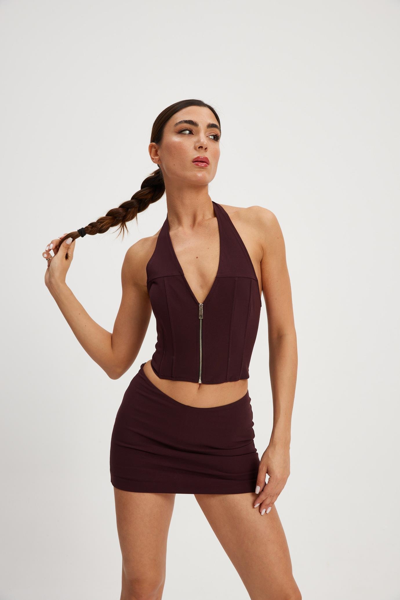 Bordo Fermualı Korse Bluz