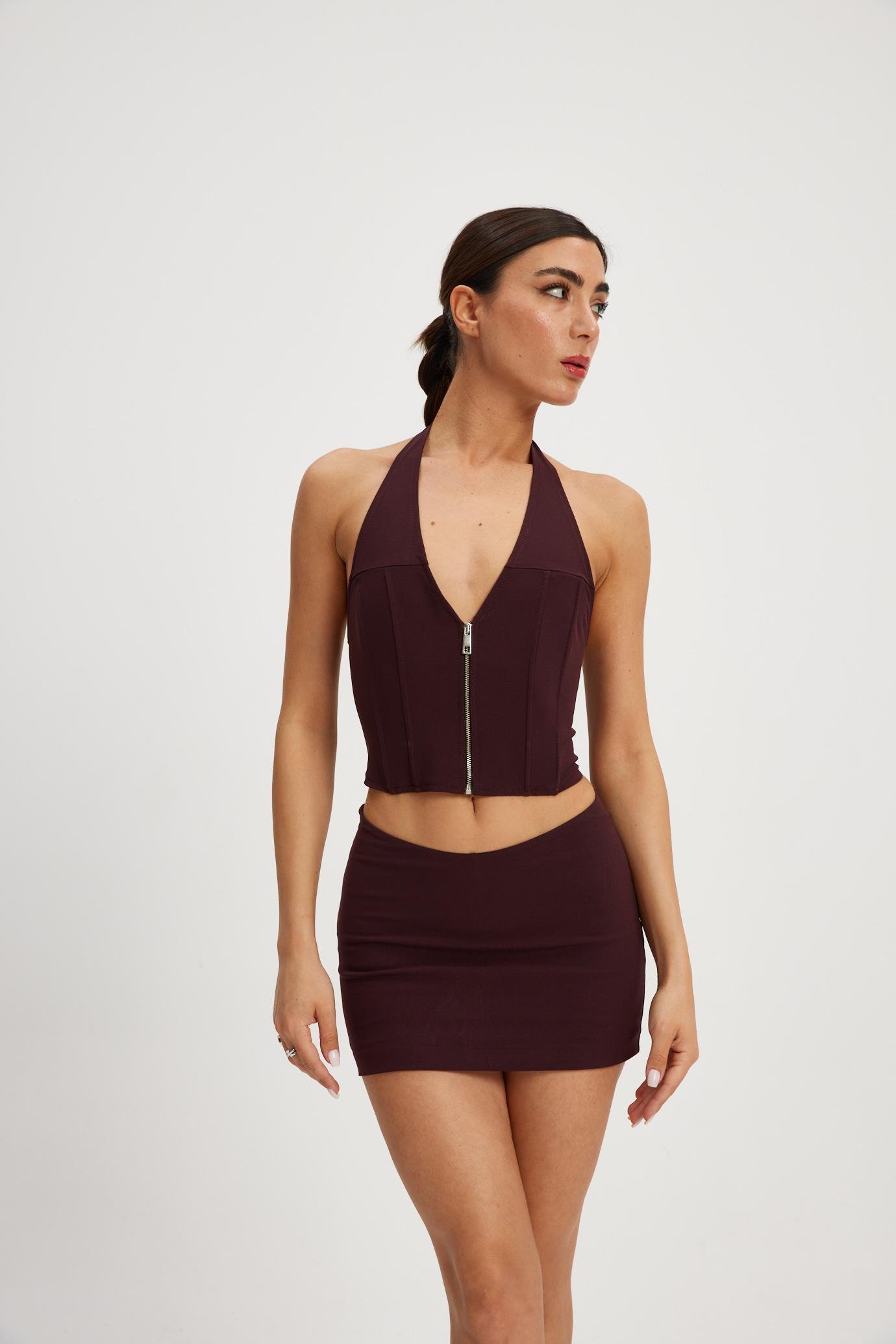 Bordo Fermualı Korse Bluz