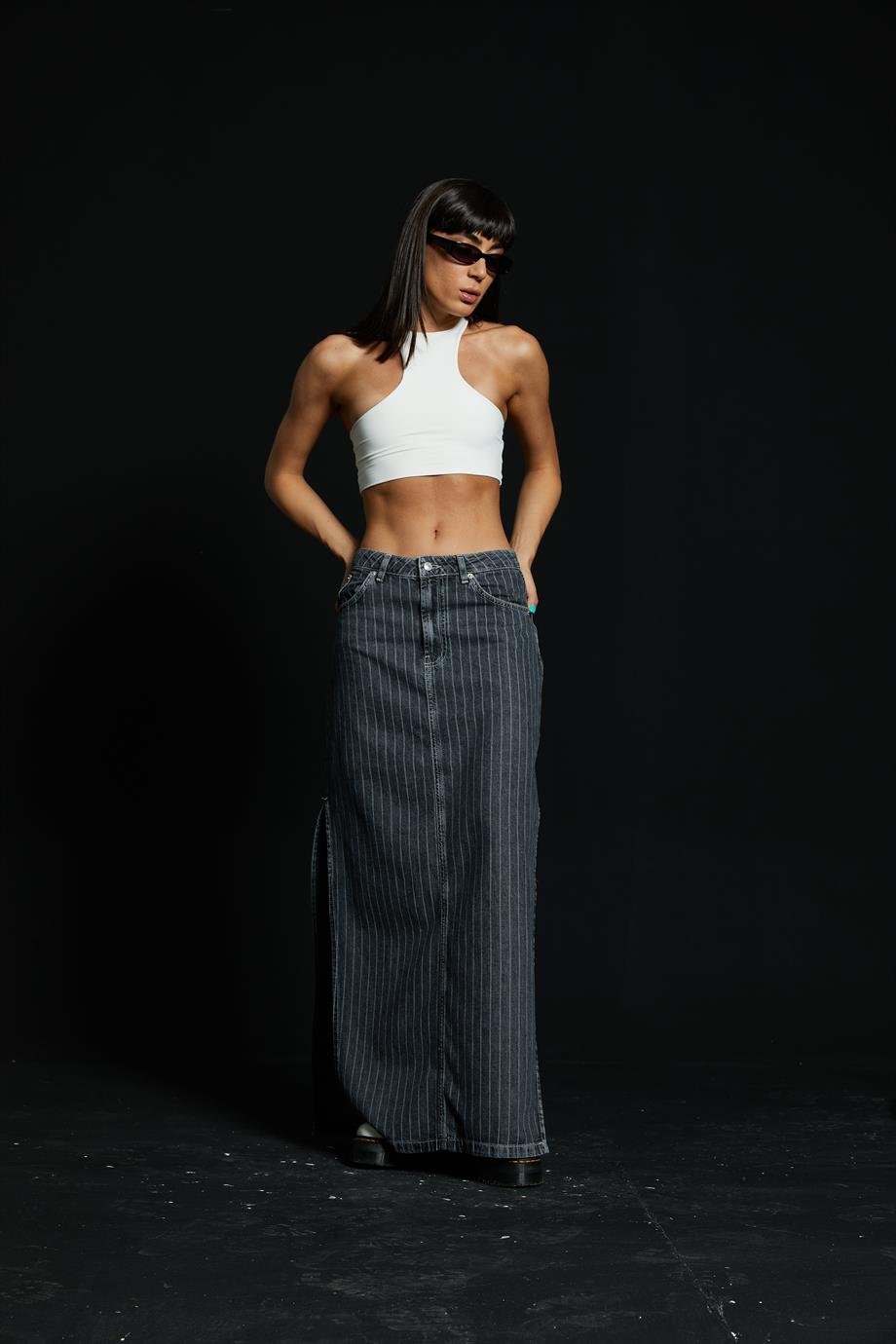 Çizgili Maxi Denim Etek