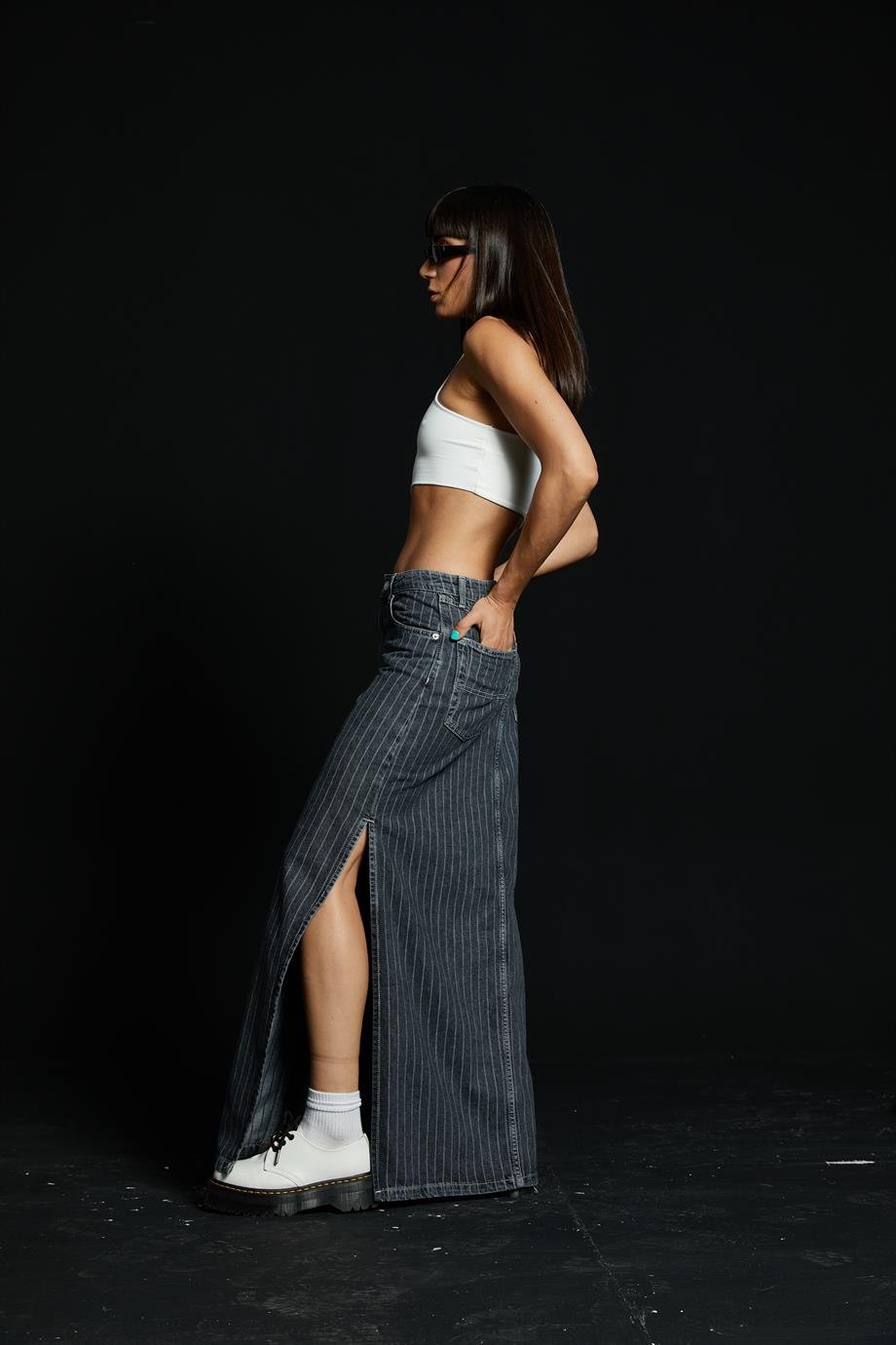 Çizgili Maxi Denim Etek