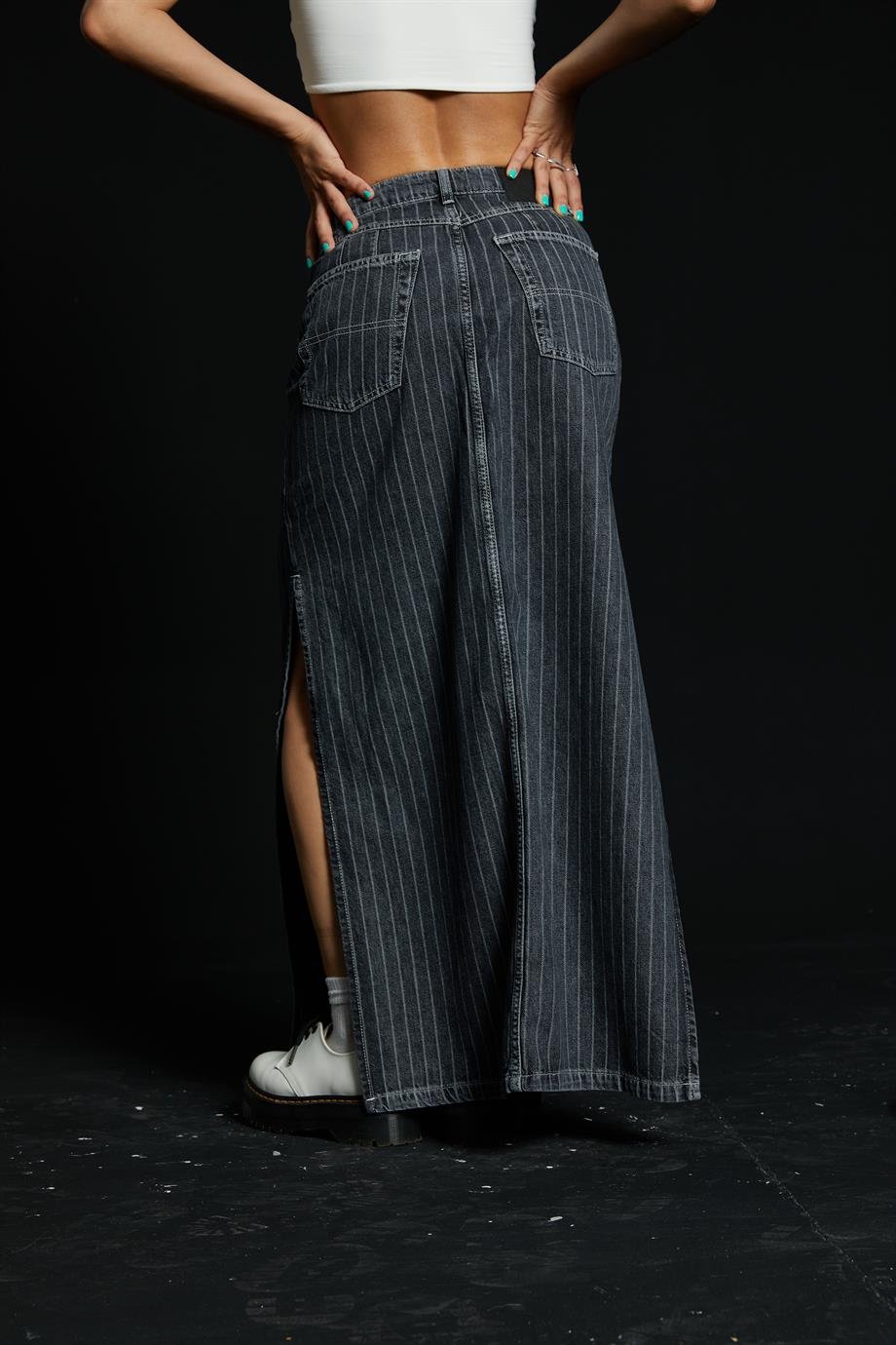 Çizgili Maxi Denim Etek