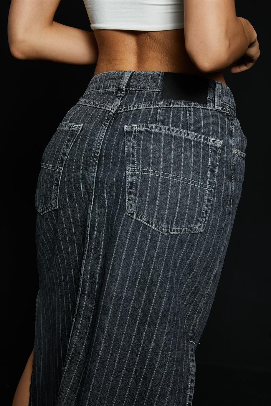 Çizgili Maxi Denim Etek