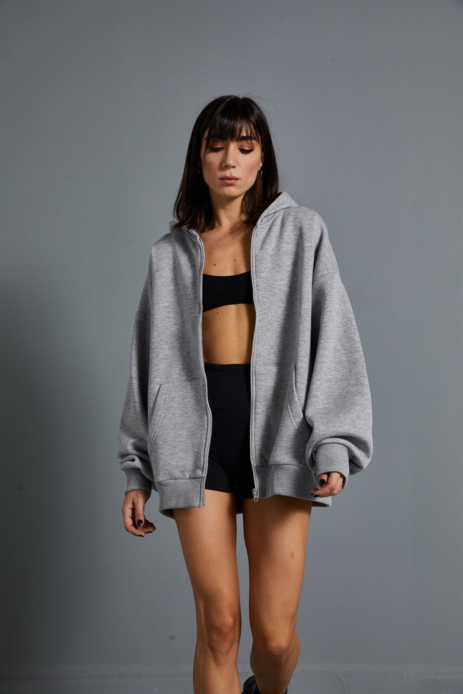 Gri Oversize Fermuarlı Sweatshirt
