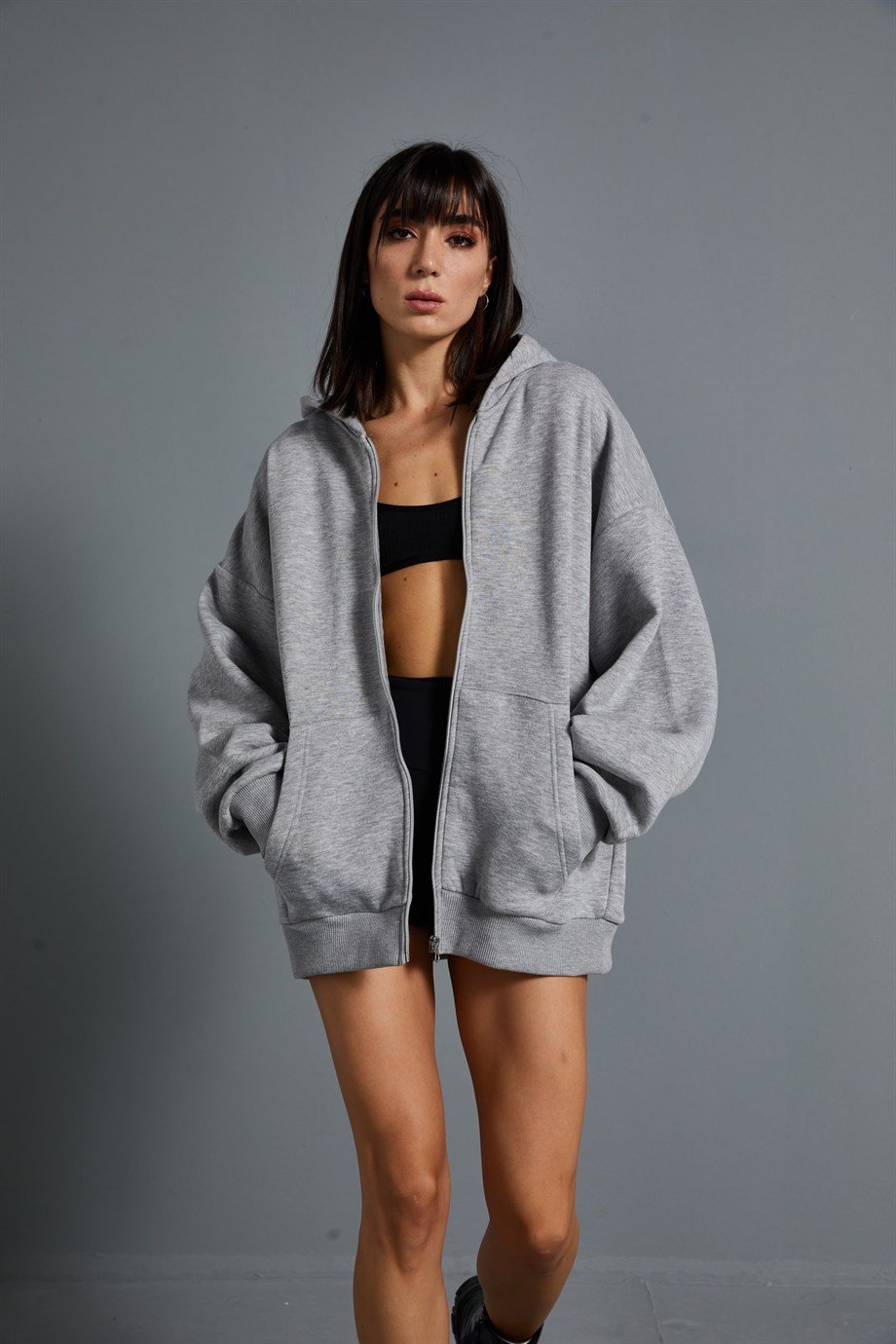 Gri Oversize Fermuarlı Sweatshirt