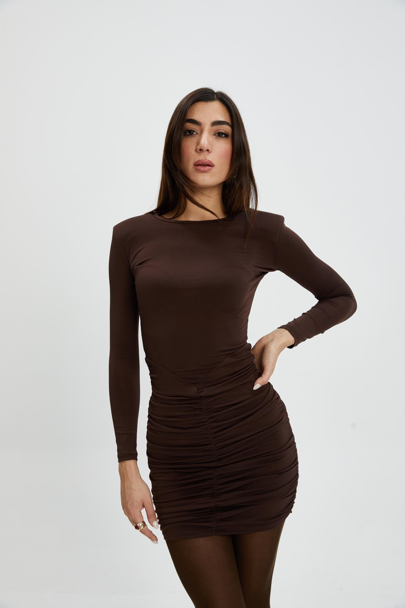 Kahve Vatkalı Drape Elbise
