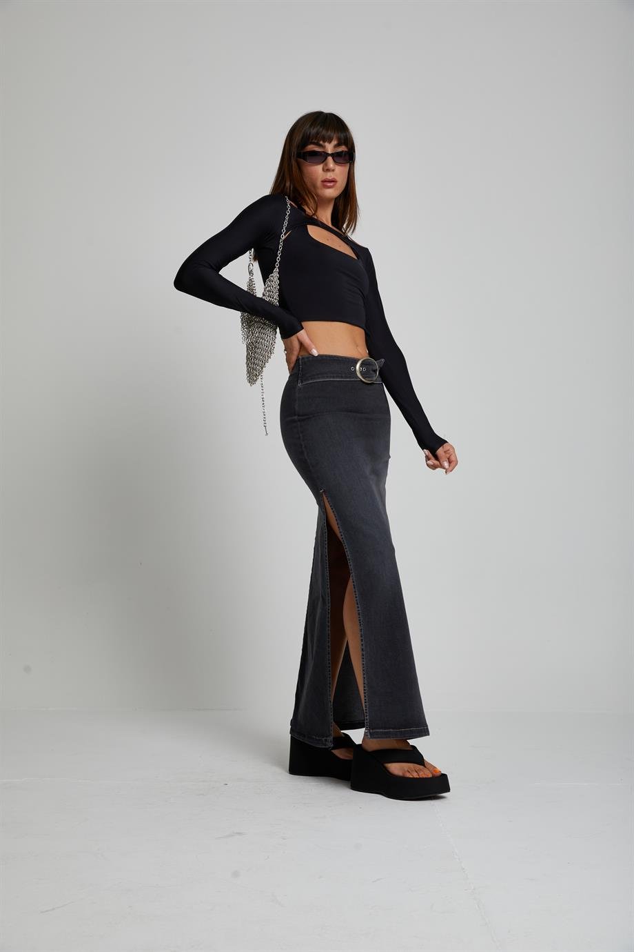 Kemerli Maxi Denim Etek