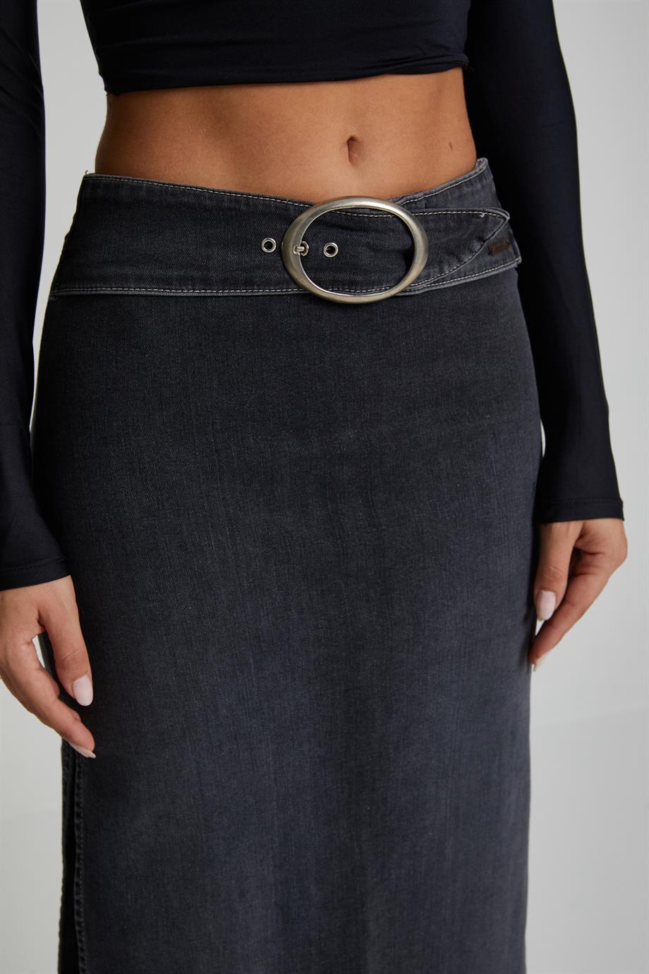 Kemerli Maxi Denim Etek