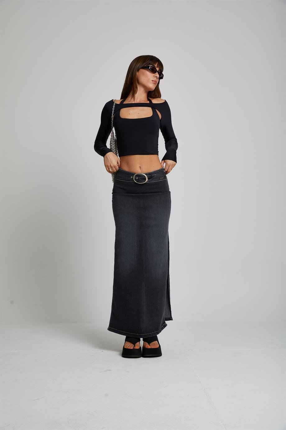 Kemerli Maxi Denim Etek