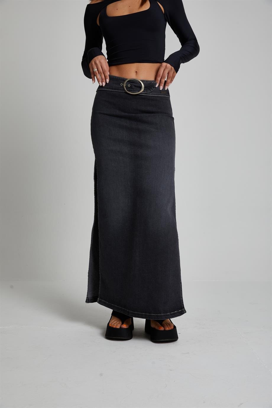 Kemerli Maxi Denim Etek
