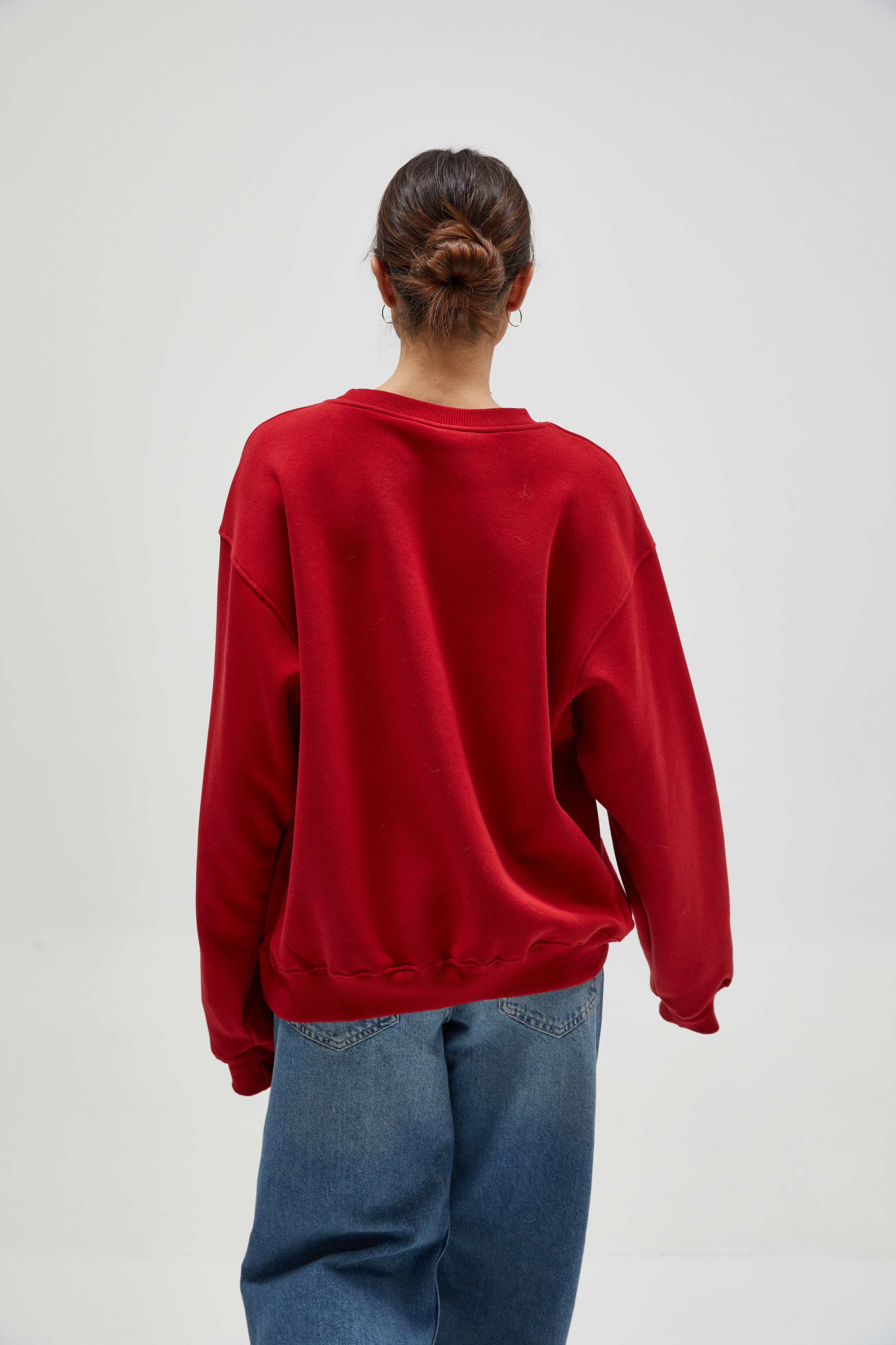 Kırmızı Nakışlı Sweatshirt