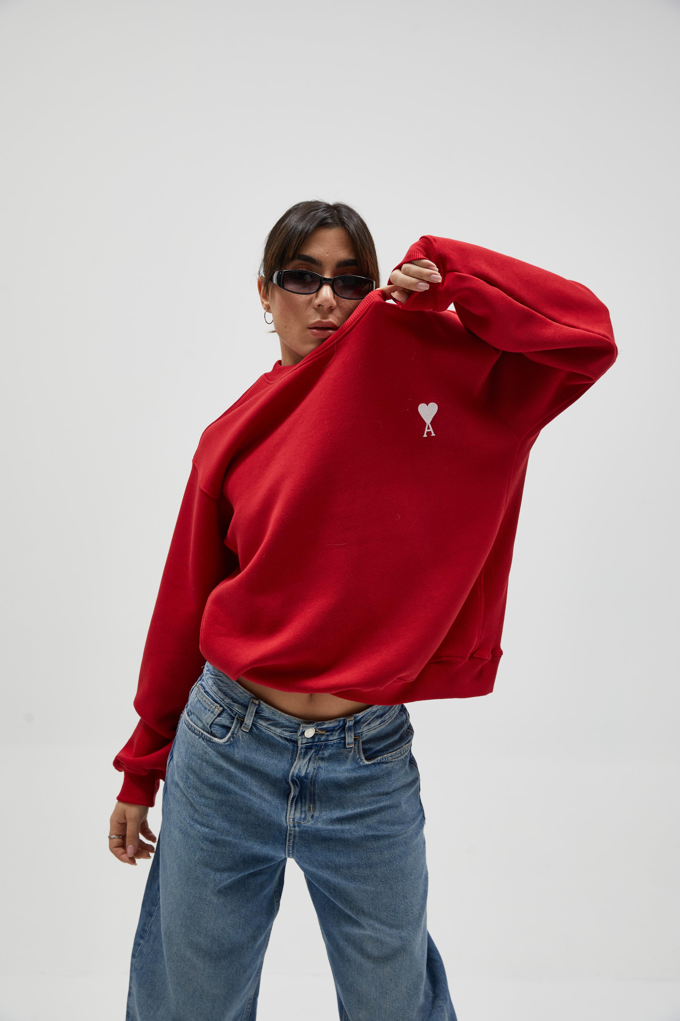 Kırmızı Nakışlı Sweatshirt