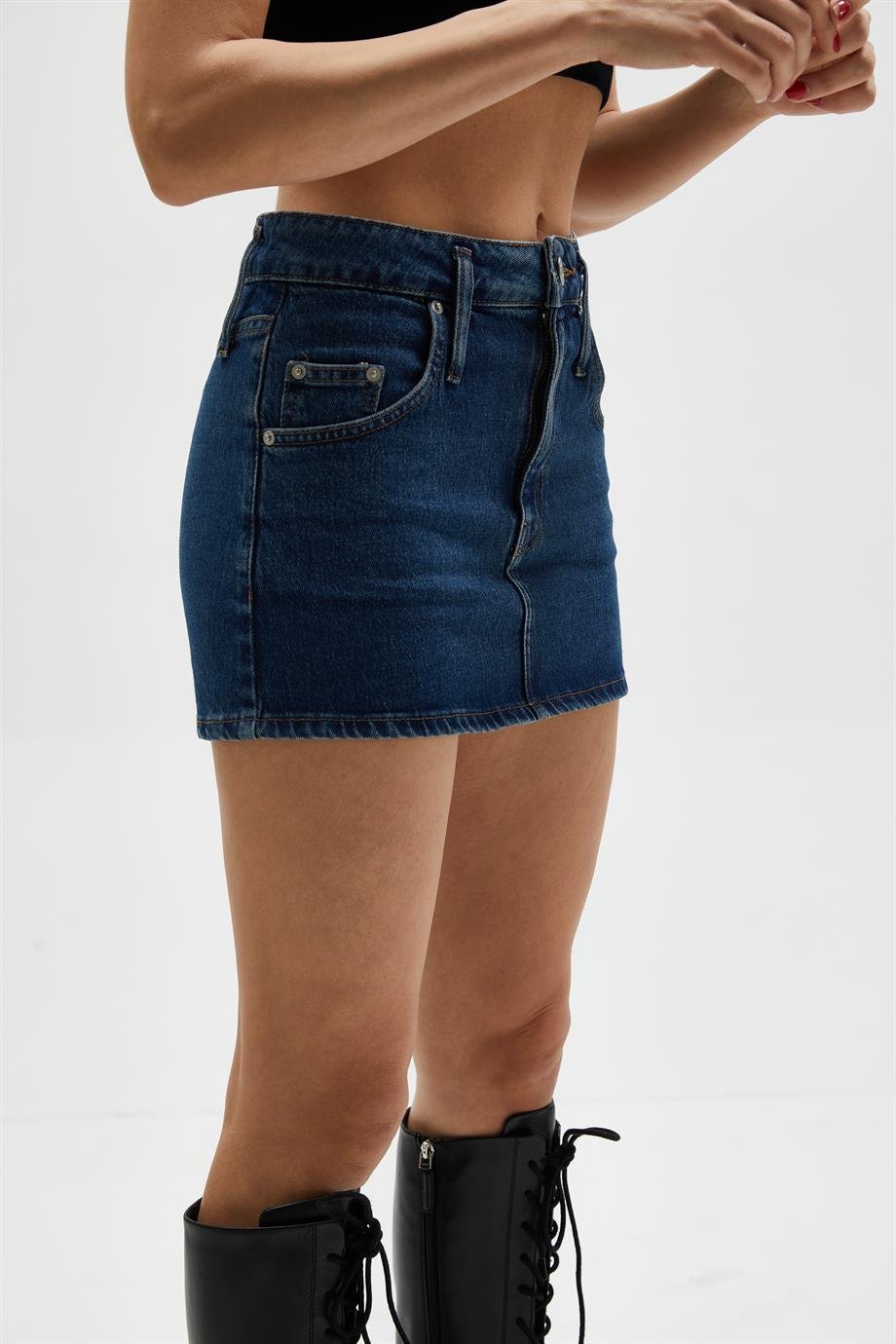 Koyu Mavi Mini Denim Etek
