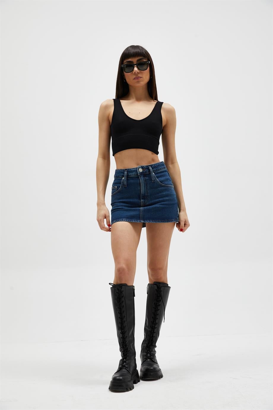 Koyu Mavi Mini Denim Etek