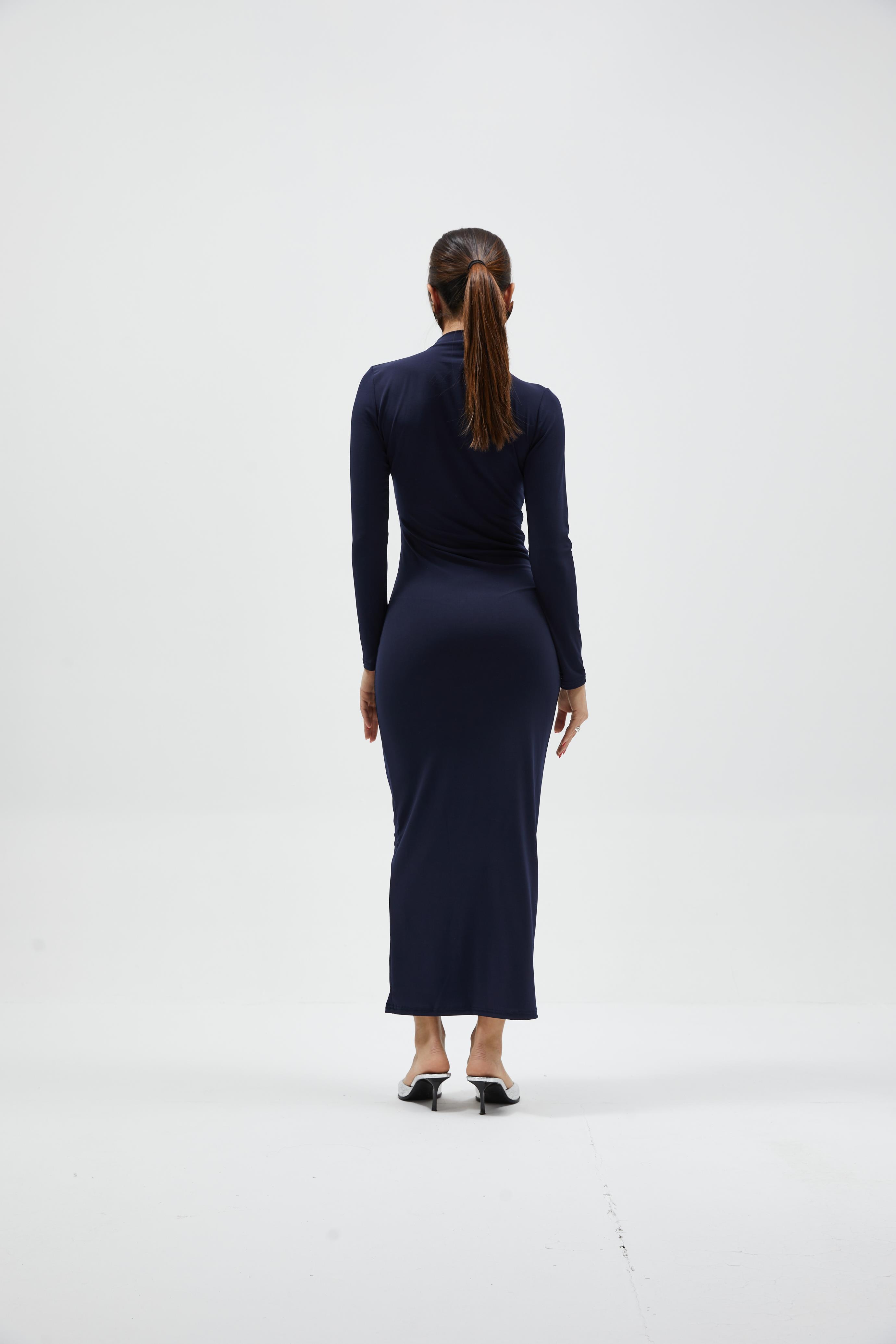 Lacivert Drape Detaylı Elbise