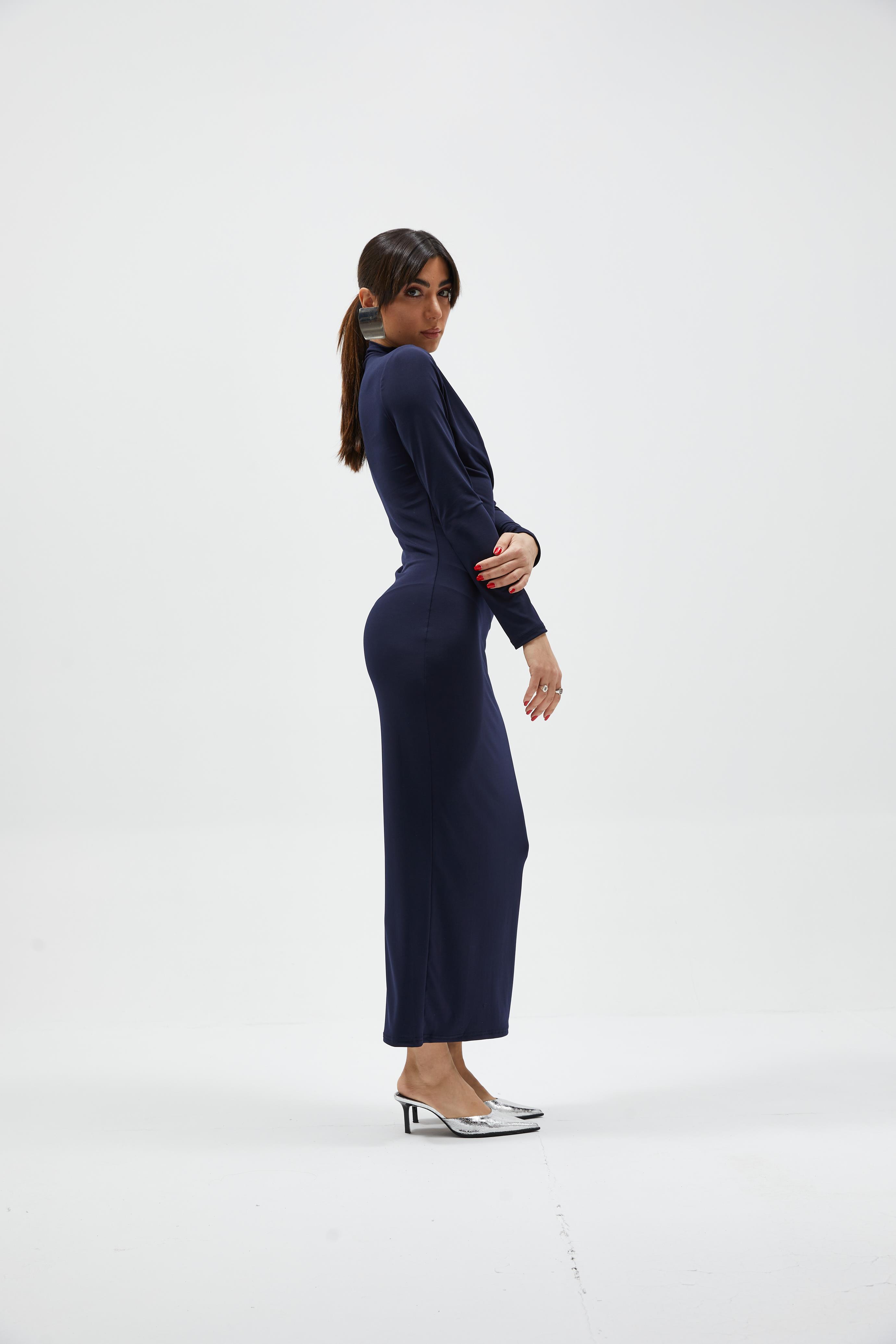 Lacivert Drape Detaylı Elbise