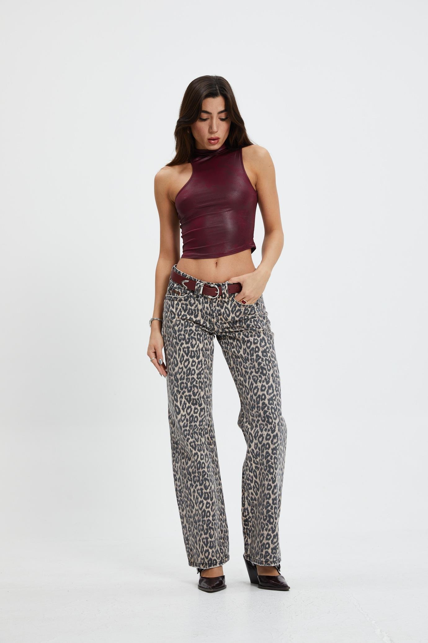 Leopar Desen Düşük Bel Jean