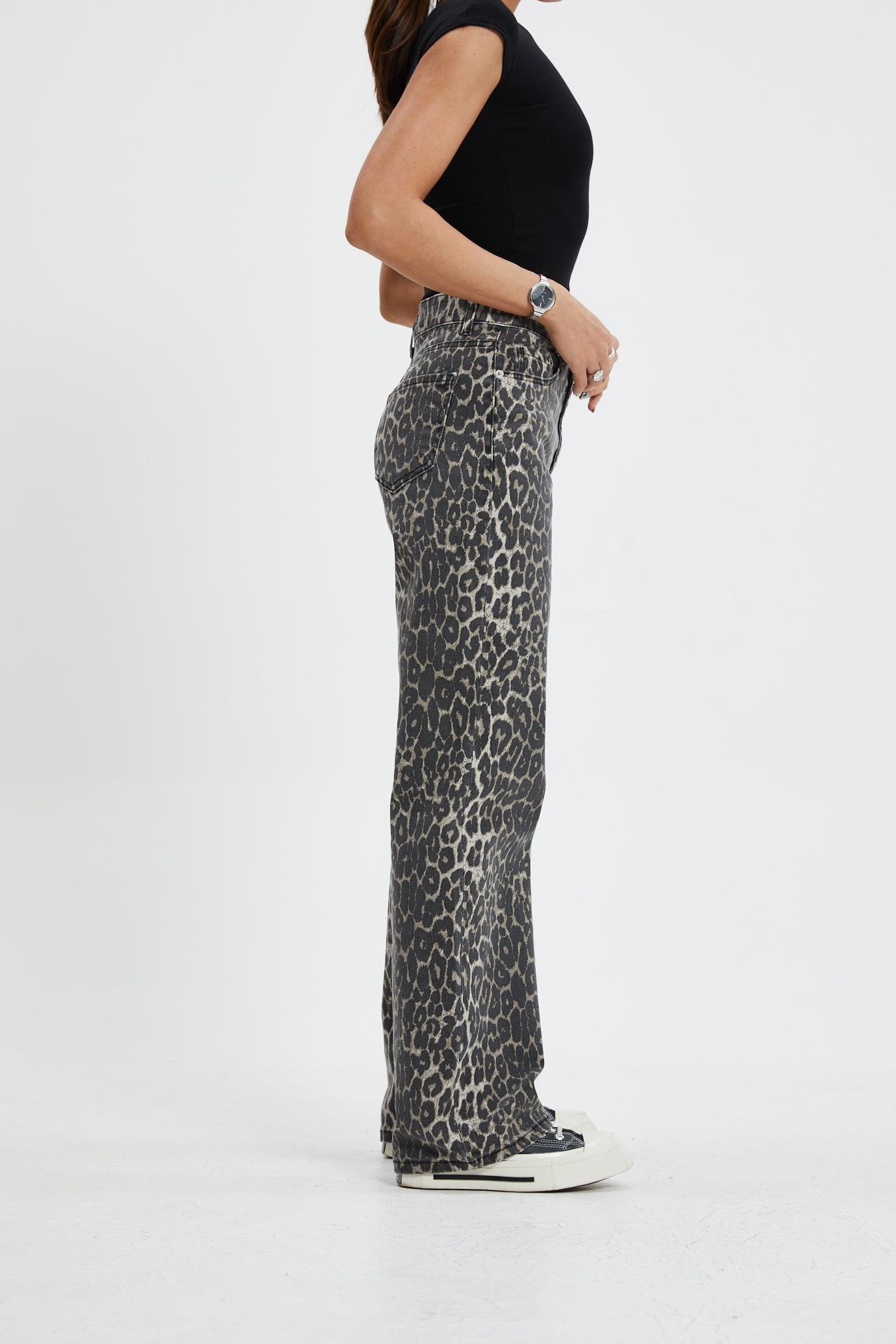 Leopar Desen Yüksek Bel Jean