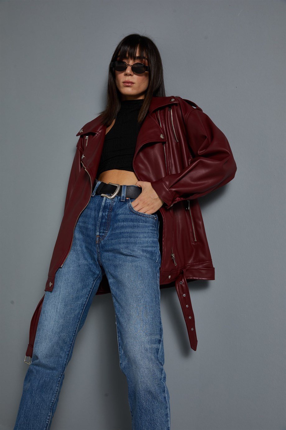 Oversize Biker Deri ceket