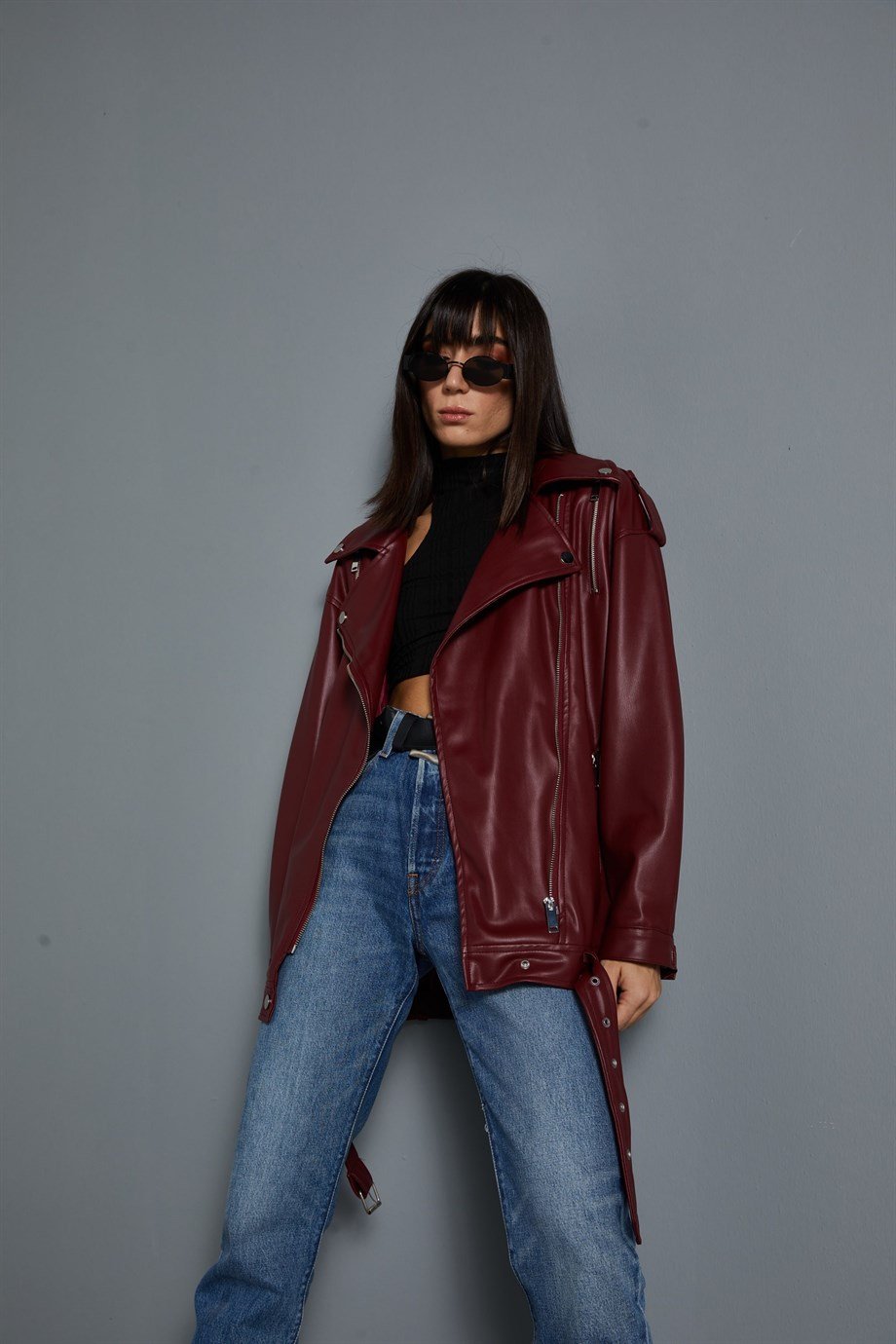 Oversize Biker Deri ceket