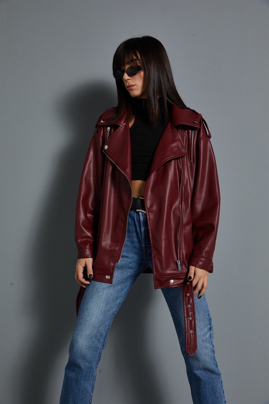 Oversize Biker Deri ceket