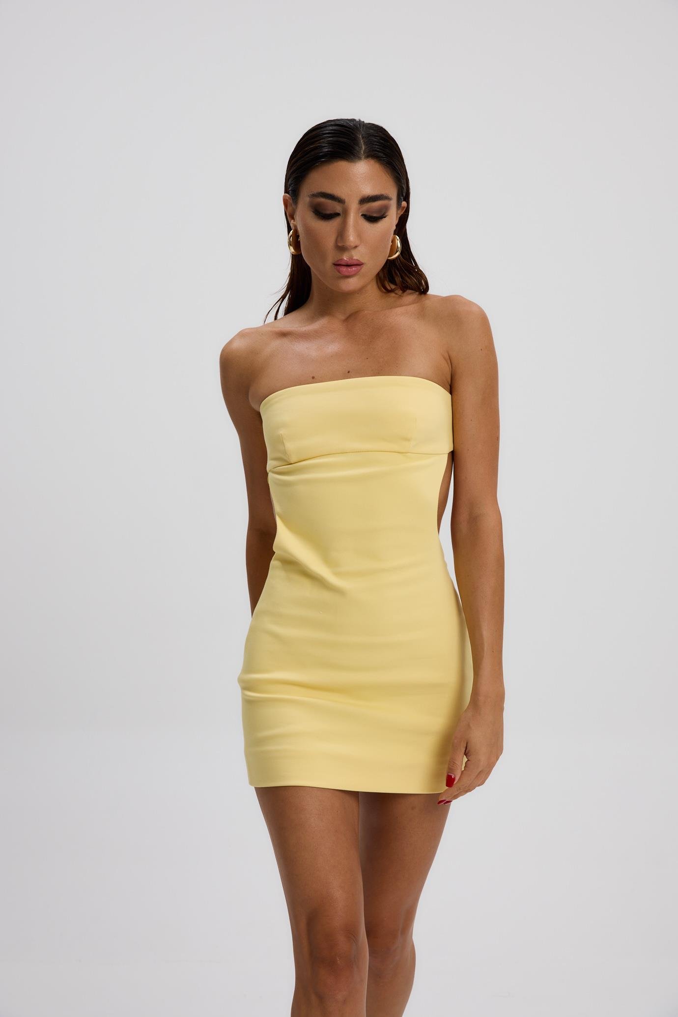 Sarı Straplez Mini Elbise 