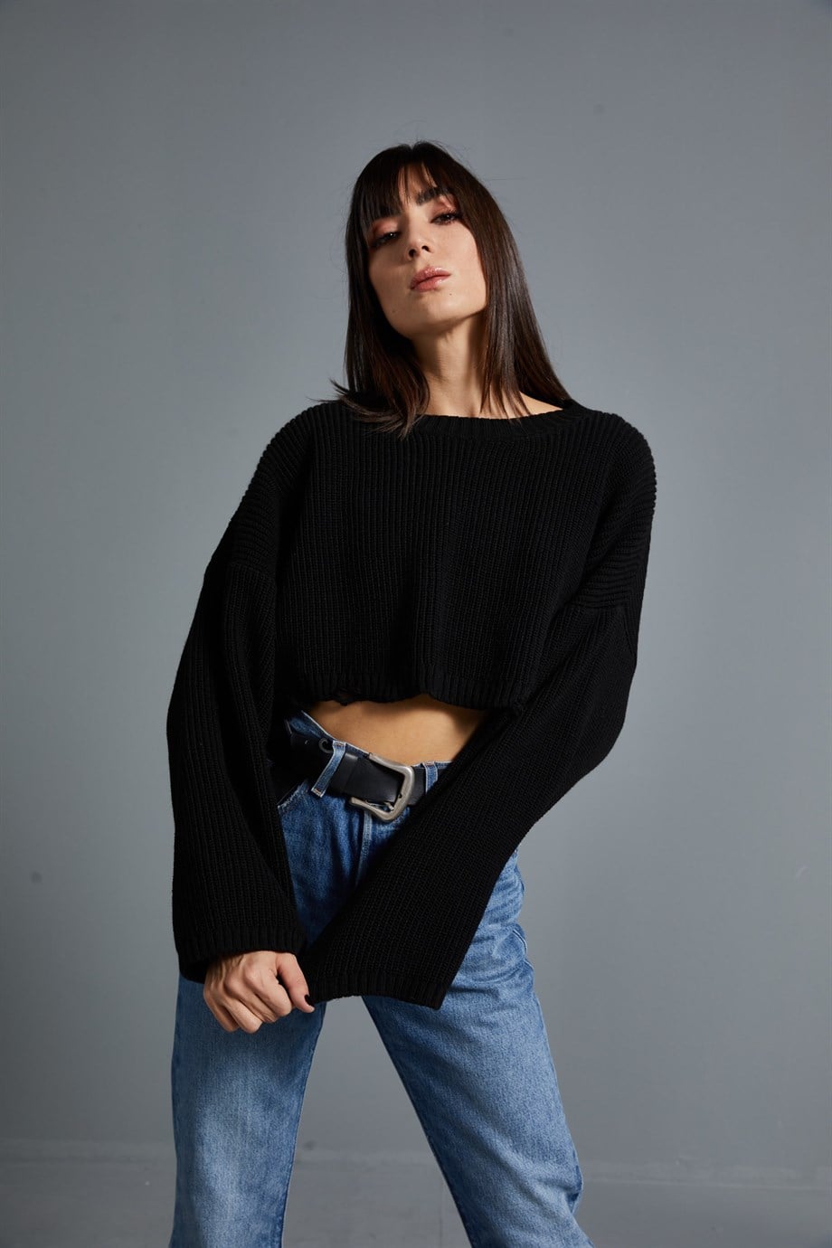Siyah Crop Kazak