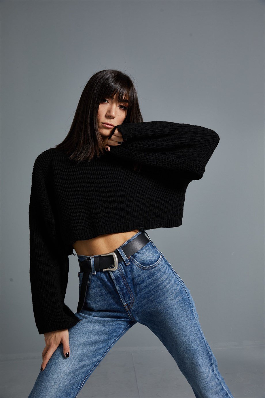 Siyah Crop Kazak